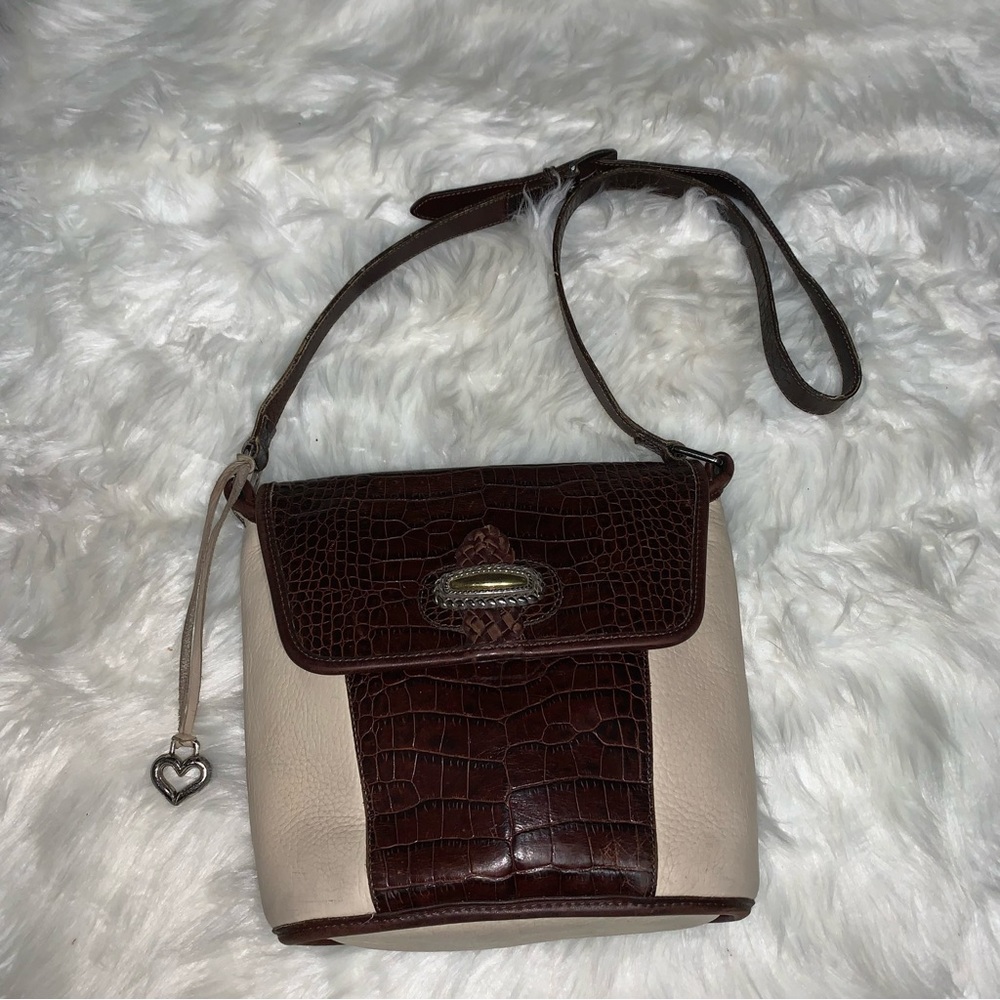 BRIGHTON Cream Pebble & Brown Crocco Lthr Bucket Shoulder Bag